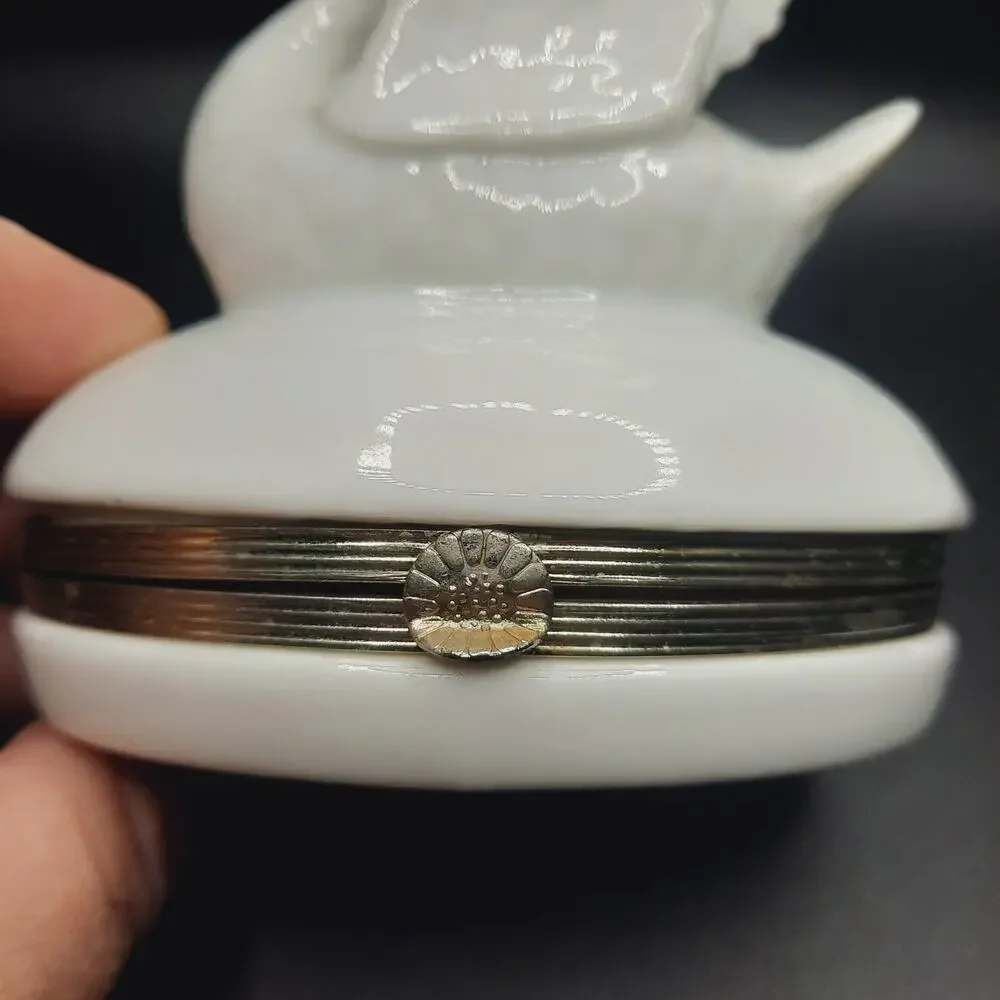 Vintage Paris Royal Porcelain Swan Hinged Trinket Box Crown Mark Gold Trim